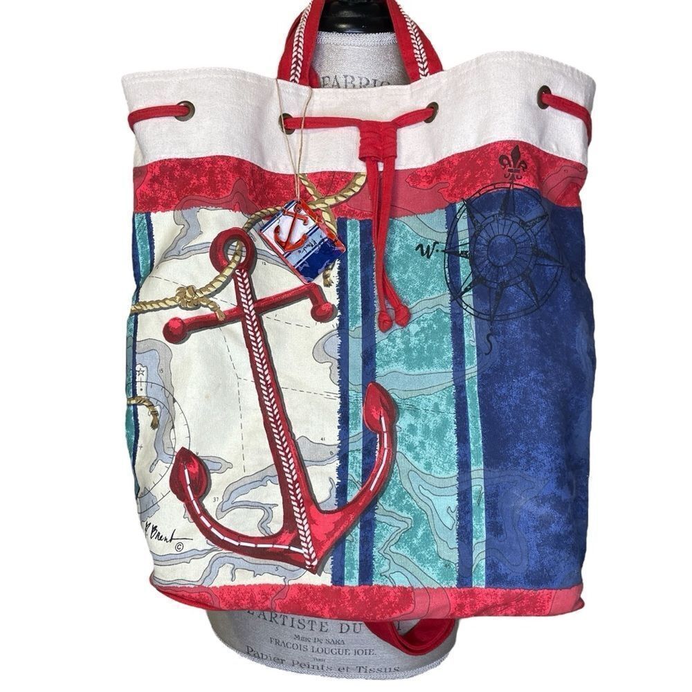 Paul Brent Oversized Nautical Canvas Beach Bag Tote Anchor Cream Blue Red